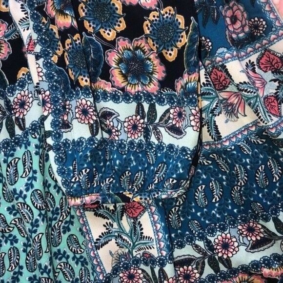 Patchwork Mini Dress Size XS Tunic Tassles Blue Print Long Sleeves Boho Cottage - Picture 5 of 6